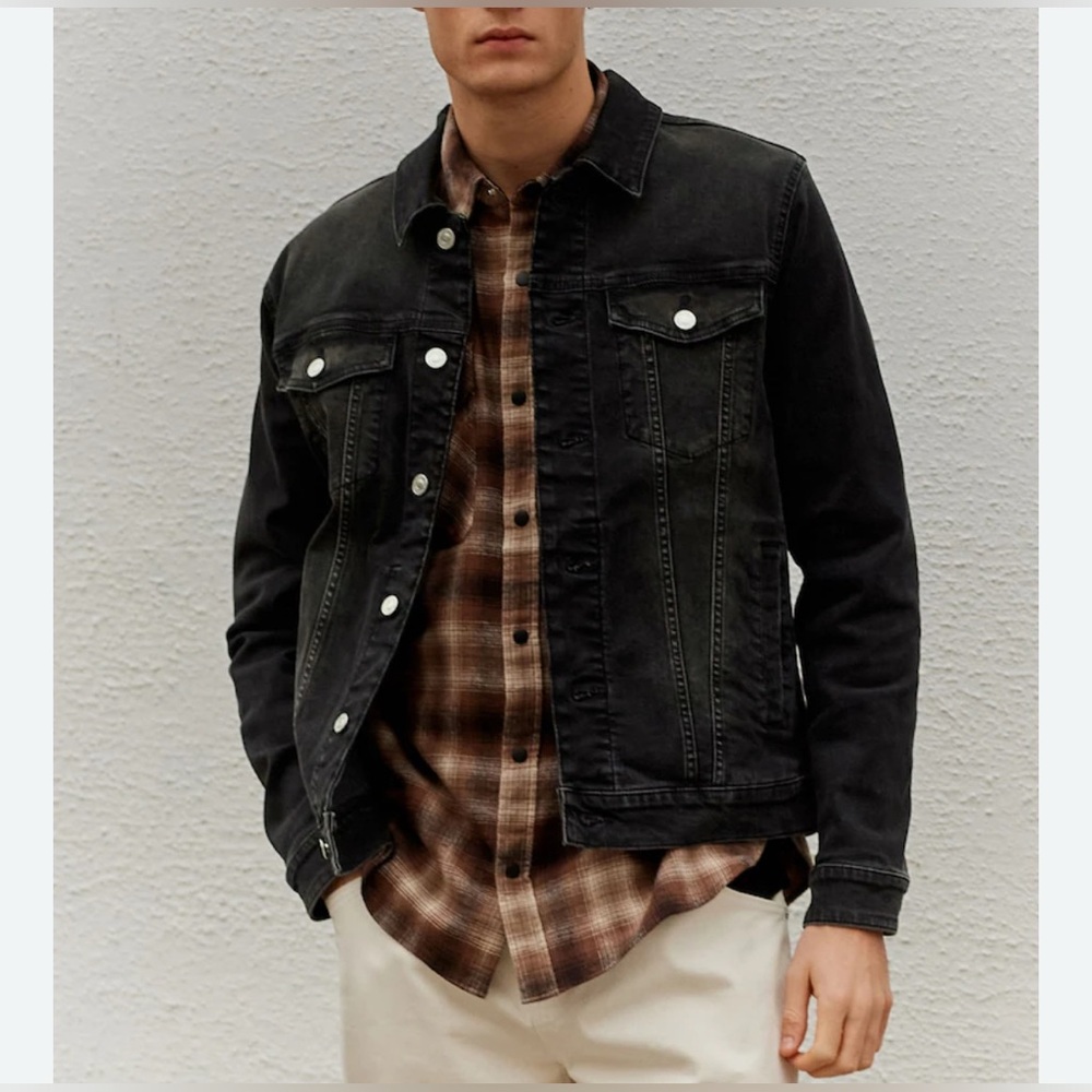J Crew Black Denim Jacket Men Pocket XL Classic Trucker Collar